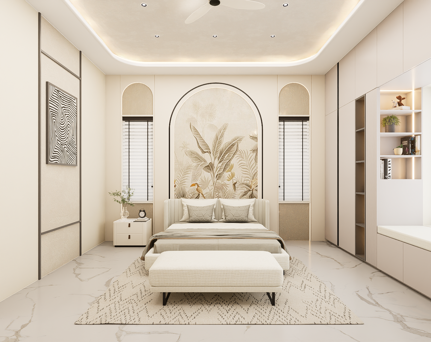 Master bedroom with arched tropical headboard