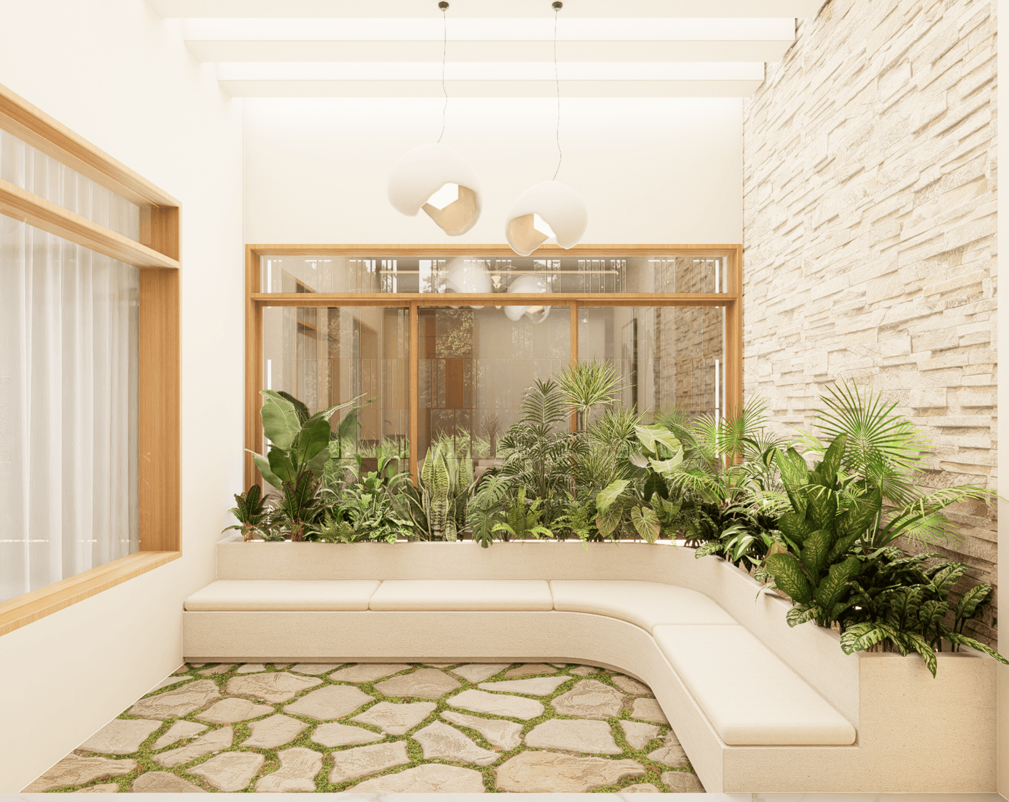 Indoor courtyard with green plants