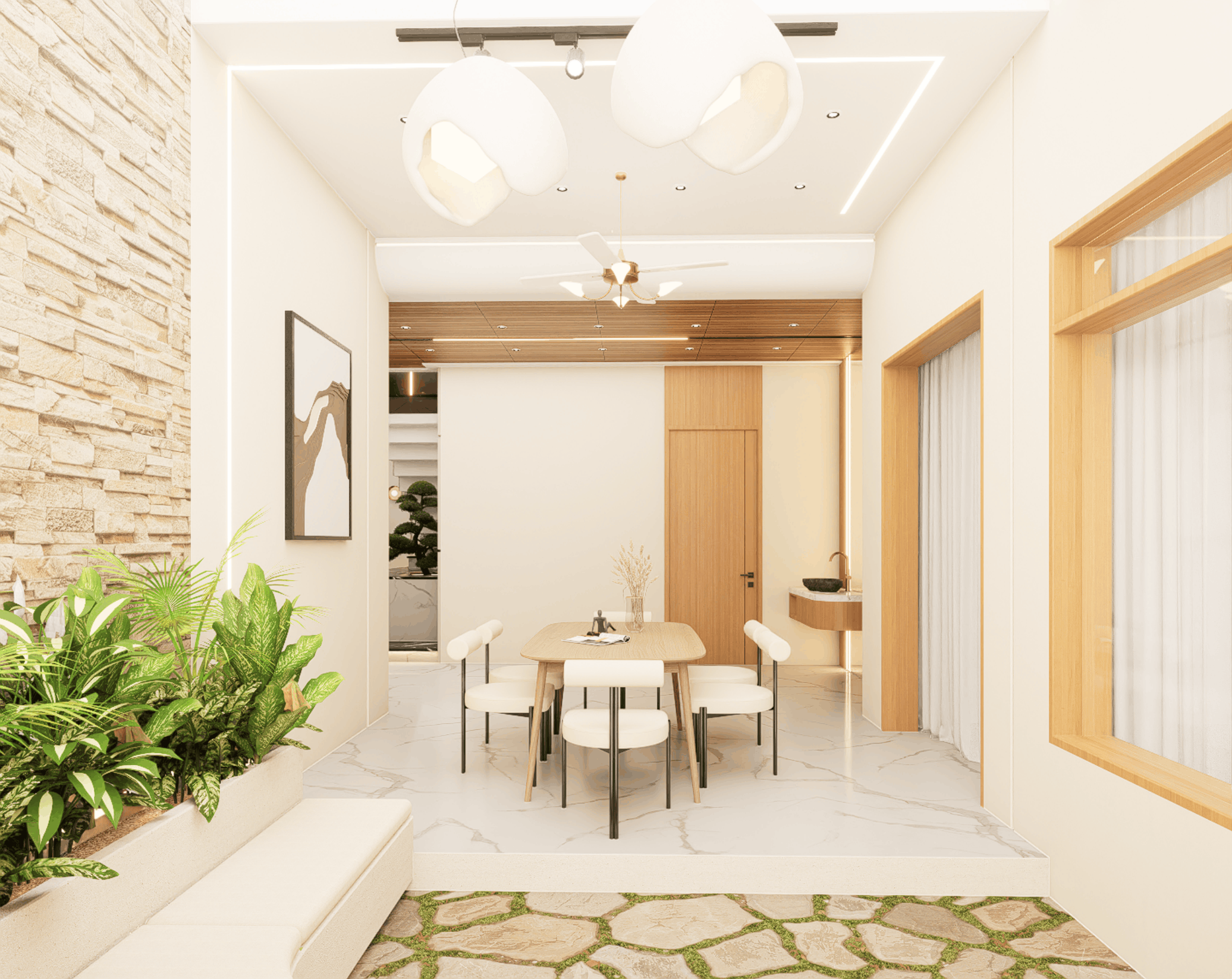Dining space and stone feature wall